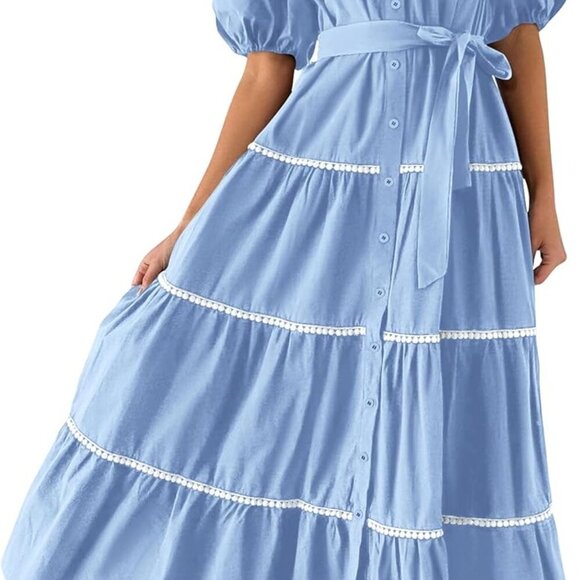 Dresses & Skirts - Women's Summer Button Down Maxi Dress Puff Sleeves Tiered Ruffle Flow